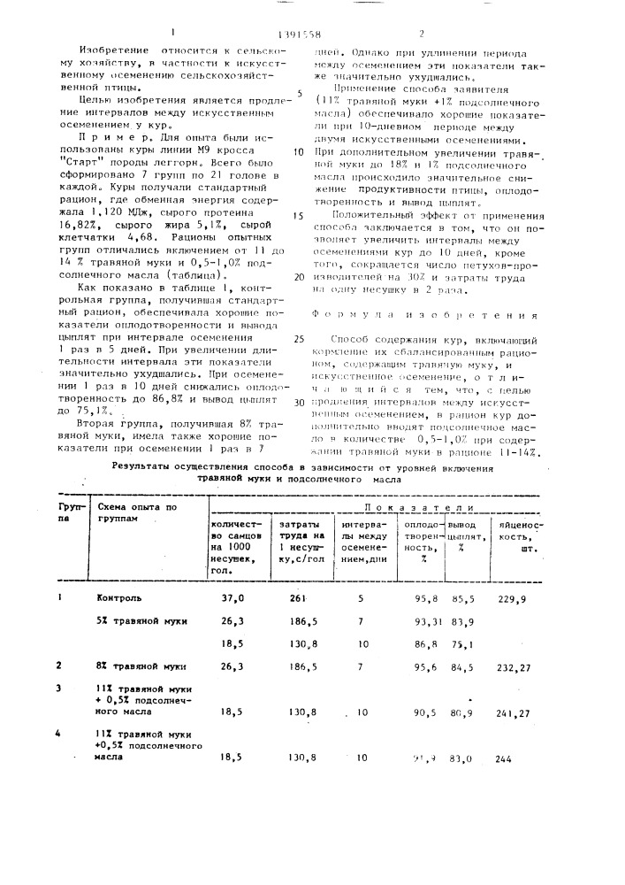 Способ содержания кур (патент 1391558)
