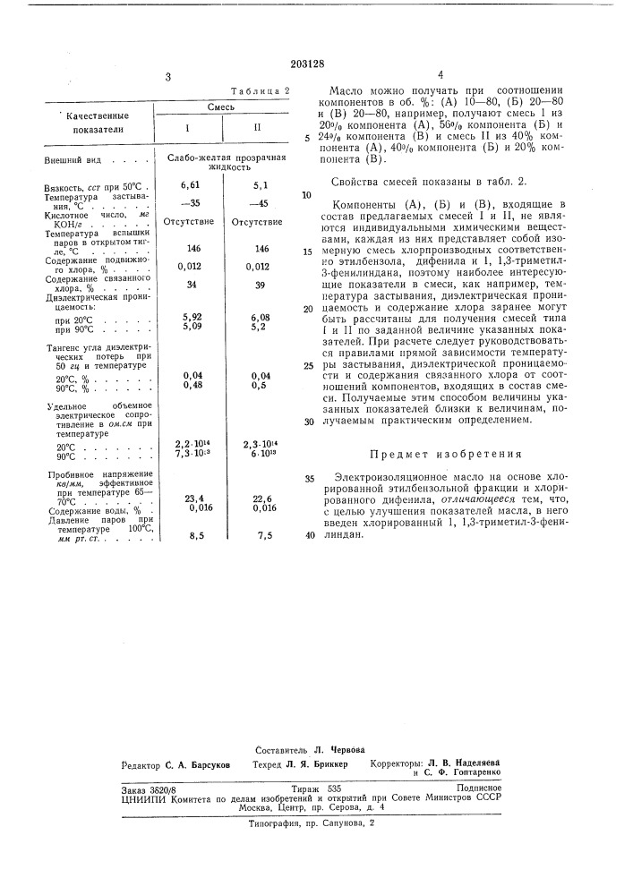 Электроизоляционное масло (патент 203128)