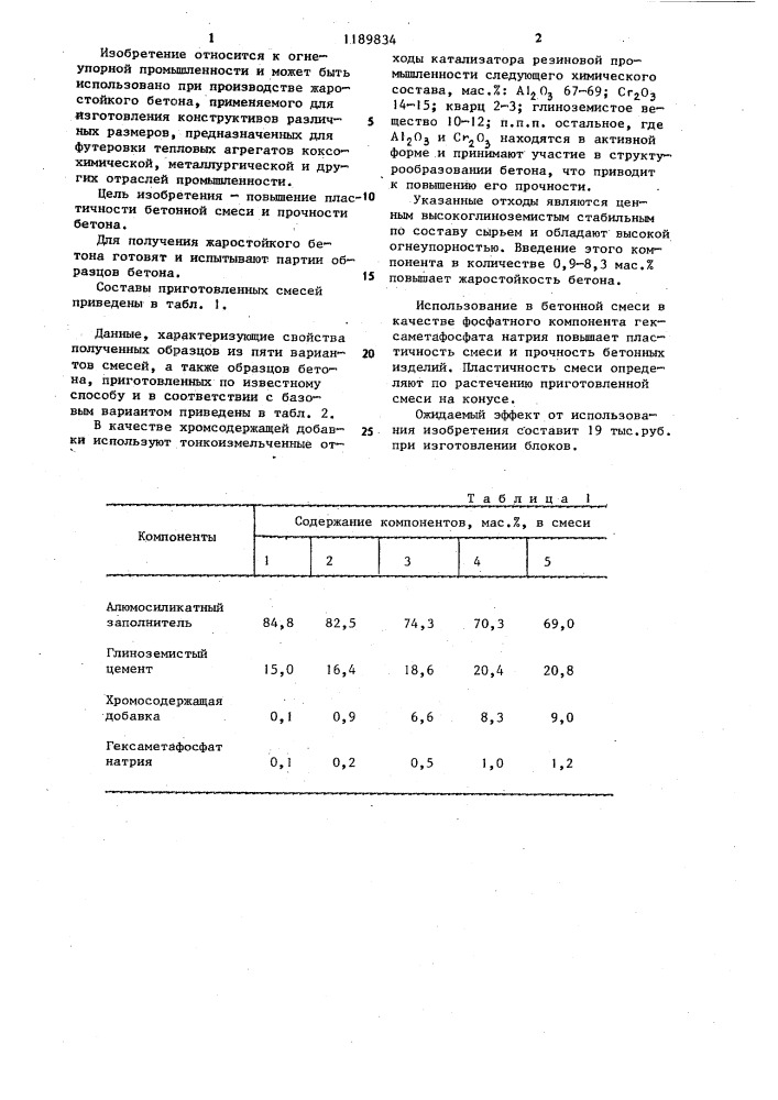 Сырьевая смесь для приготовления жаростойкого бетона (патент 1189834)