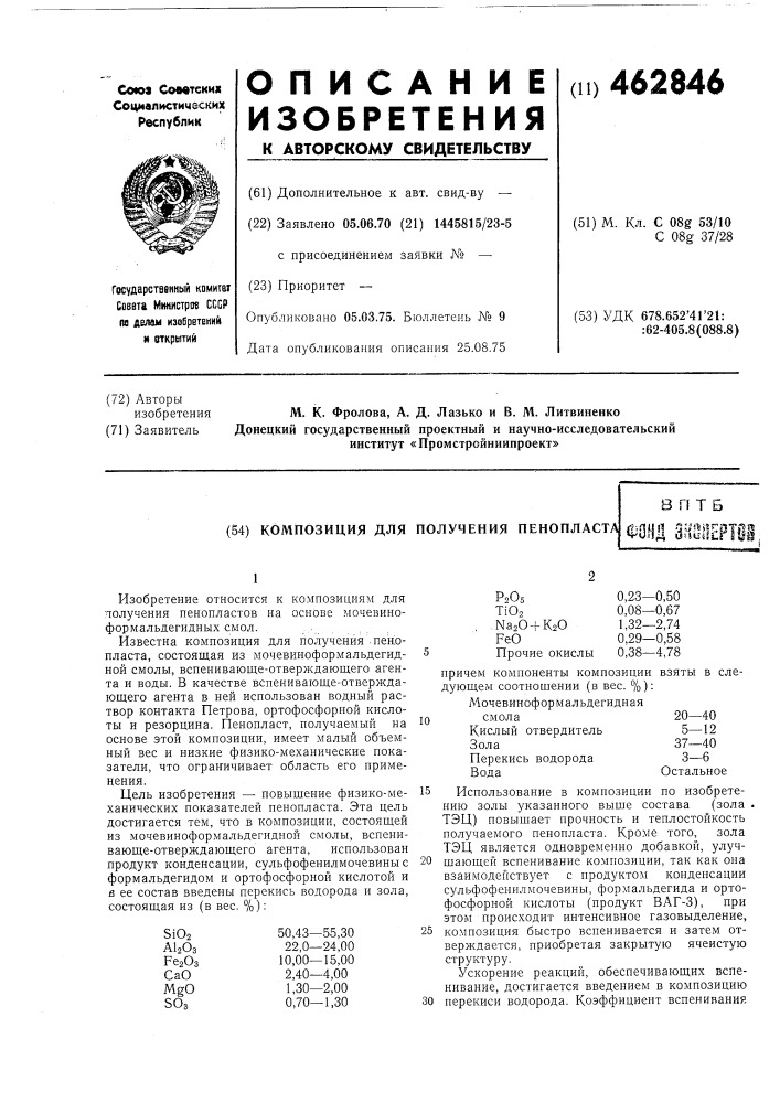 Композиция для получения пенопласта (патент 462846)