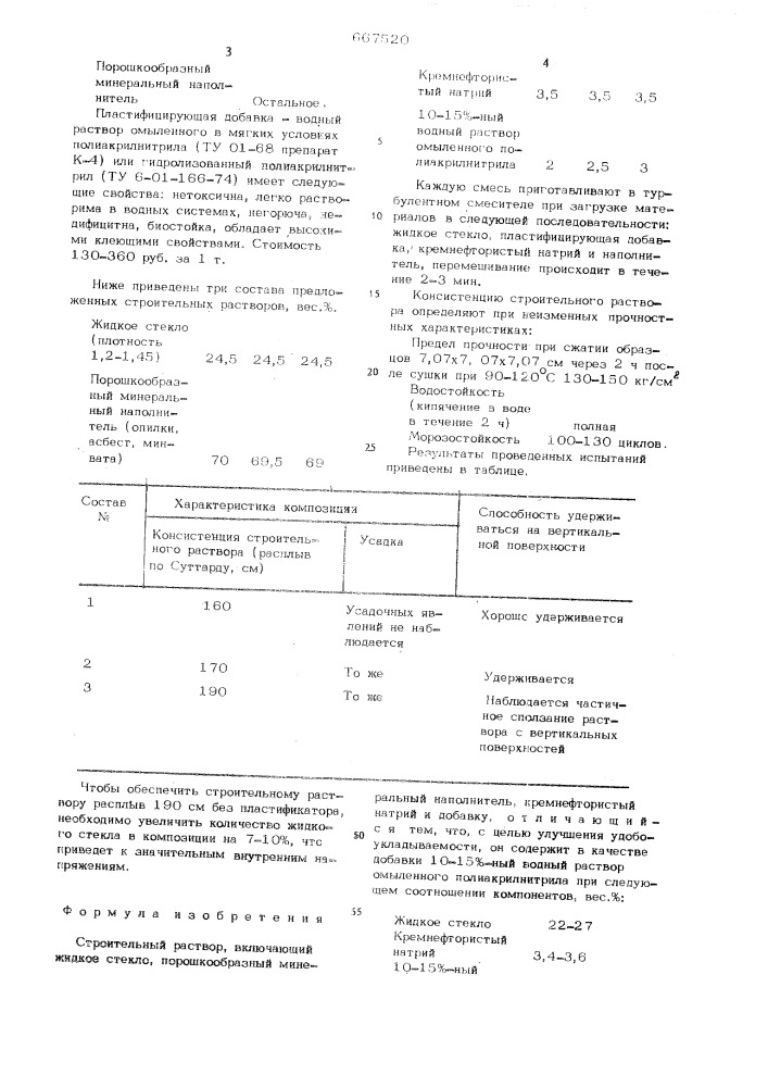 Строительный раствор (патент 667520)