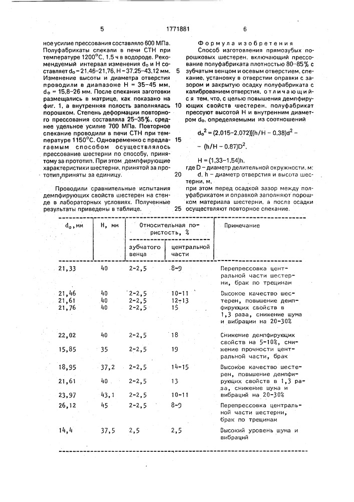 Способ изготовления прямозубых порошковых шестерен (патент 1771881)