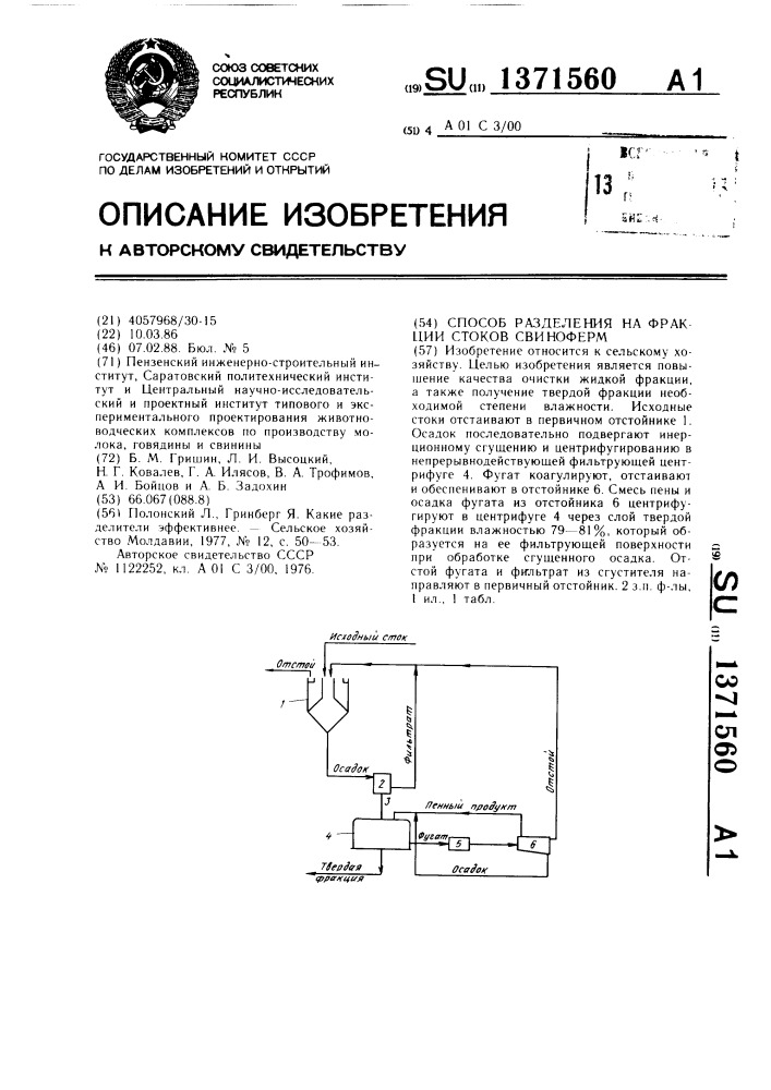 Способ разделения на фракции стоков свиноферм (патент 1371560)