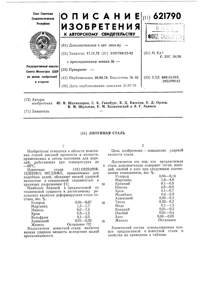 Литейная сталь (патент 621790)