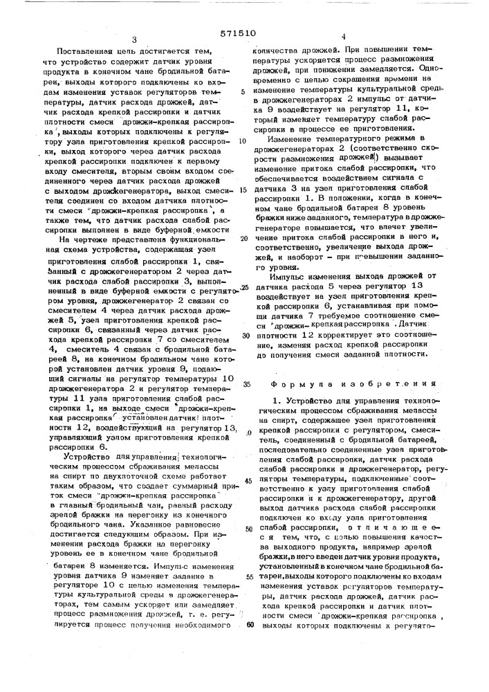 Устройство для управления технологическим процессом сбраживания мелассы на спирт (патент 571510)