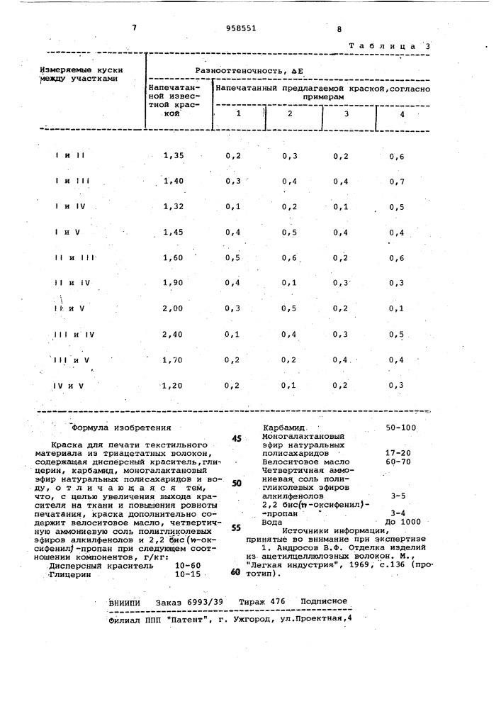Краска для печати текстильного материала из триацетатных волокон (патент 958551)