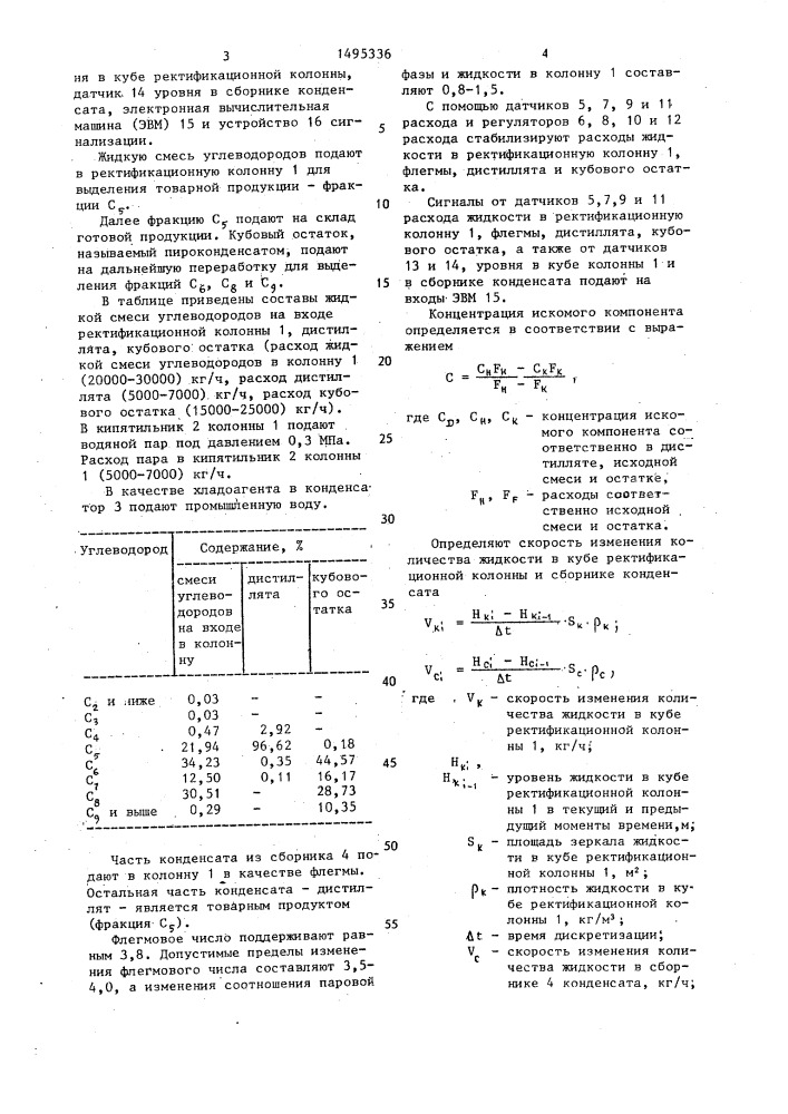 Способ автоматического контроля процесса ректификации (патент 1495336)