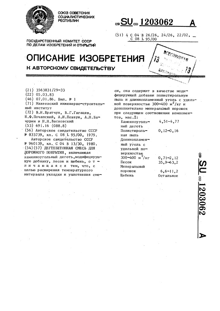 Дегтебетонная смесь для дорожного покрытия (патент 1203062)