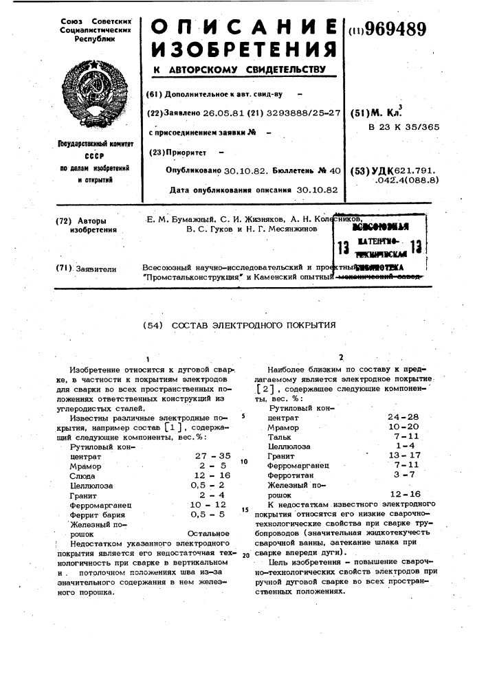 Состав электродного покрытия (патент 969489)