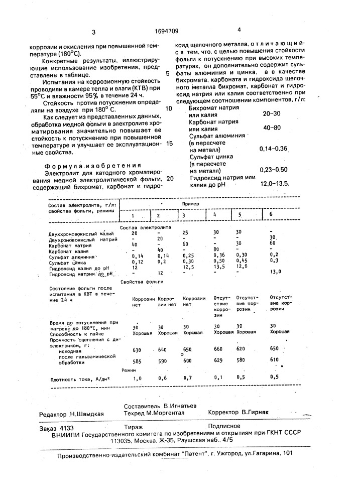 Электролит для катодного хроматирования медной электролитической фольги (патент 1694709)