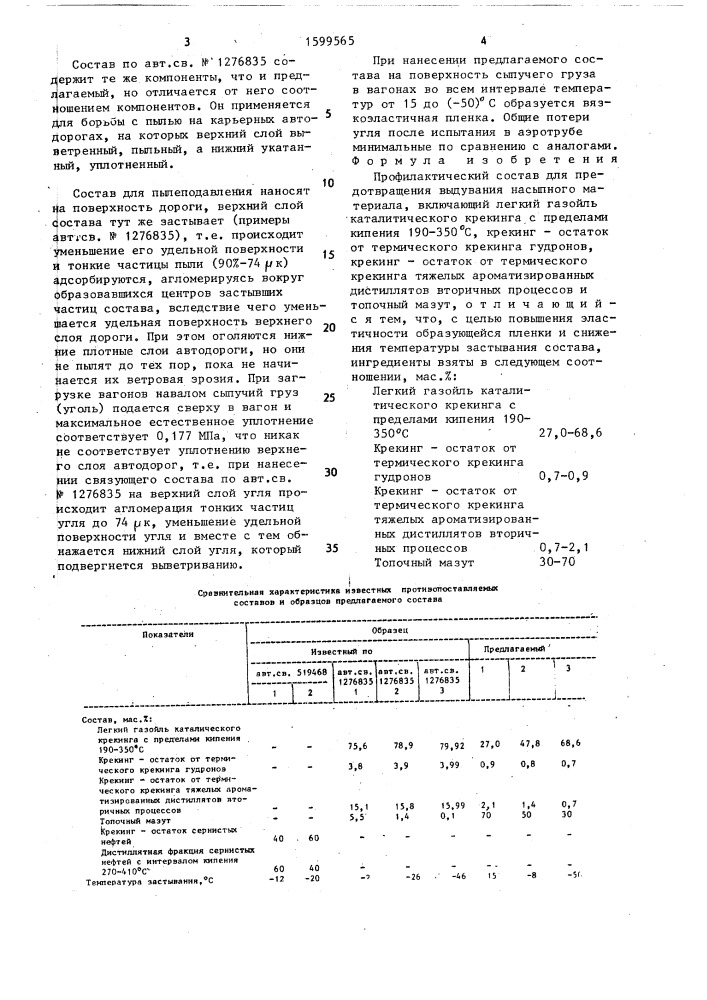 Профилактический состав для предотвращения выдувания насыпного материала (патент 1599565)