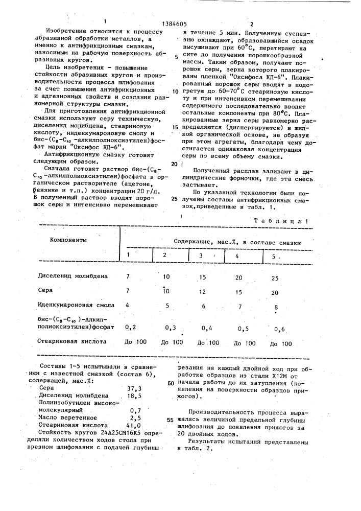 Антифрикционная смазка для абразивной обработки металлов (патент 1384605)