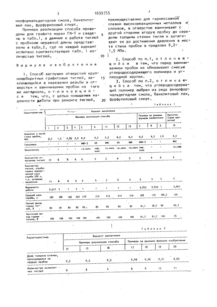 Способ заглушки отверстий крупногабаритных графитовых тиглей (патент 1699755)