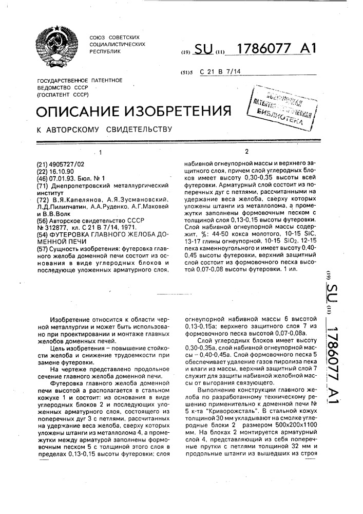 Футеровка главного желоба доменной печи (патент 1786077)