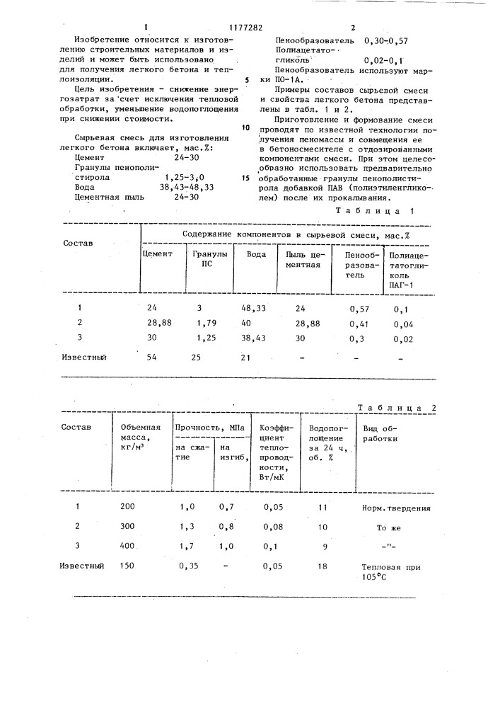 Сырьевая смесь для изготовления легкого бетона (патент 1177282)