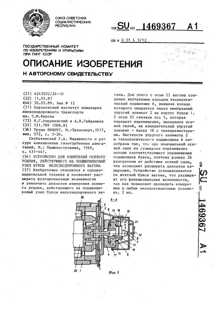 Устройство для измерения осевого усилия, действующего на подшипниковый узел буксы железнодорожного вагона (патент 1469367)