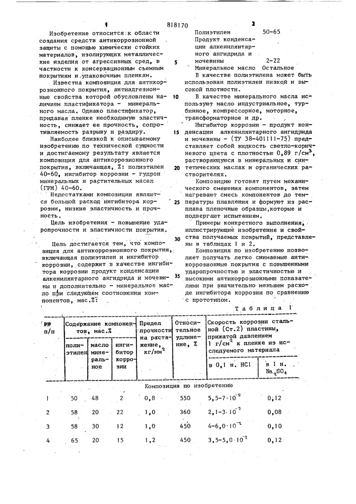 Композиция для антикоррозионного покрытия (патент 818170)