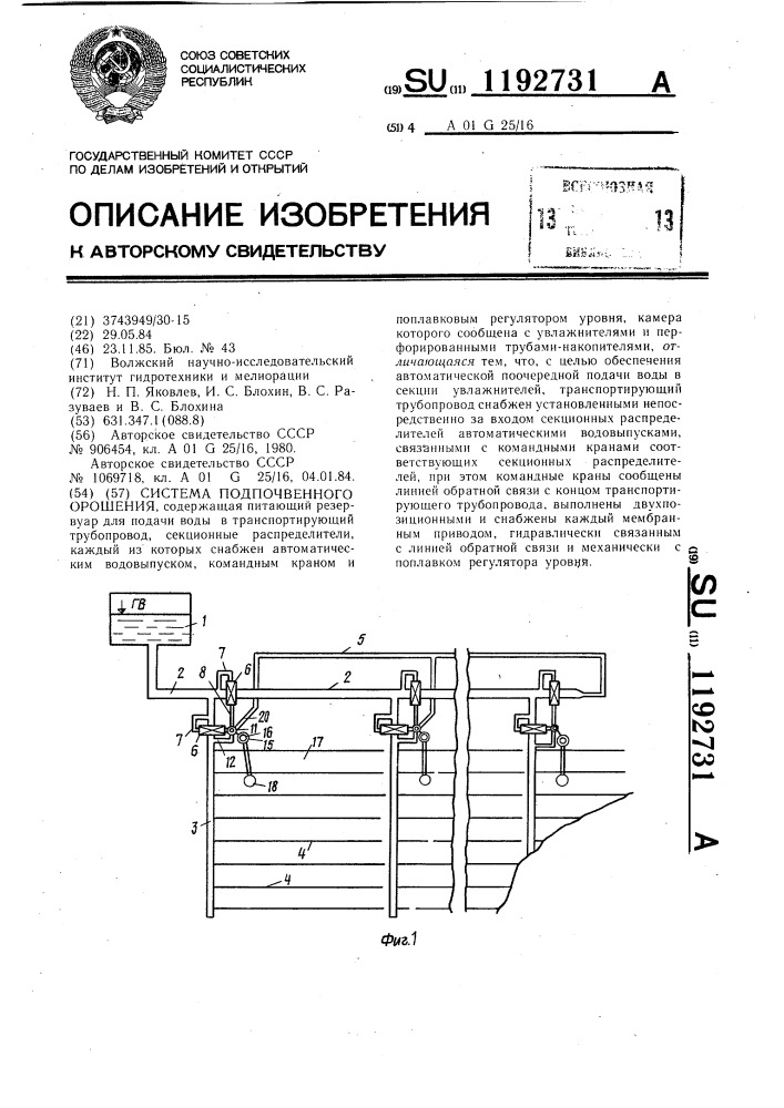 Система подпочвенного орошения (патент 1192731)