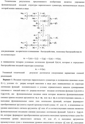 Входная структура параллельного сумматора в позиционно-знаковых кодах f(+/-) (варианты) (патент 2378682)