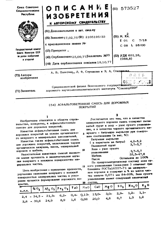 Асфальтобетонная смесь для дорожных покрытий (патент 573527)