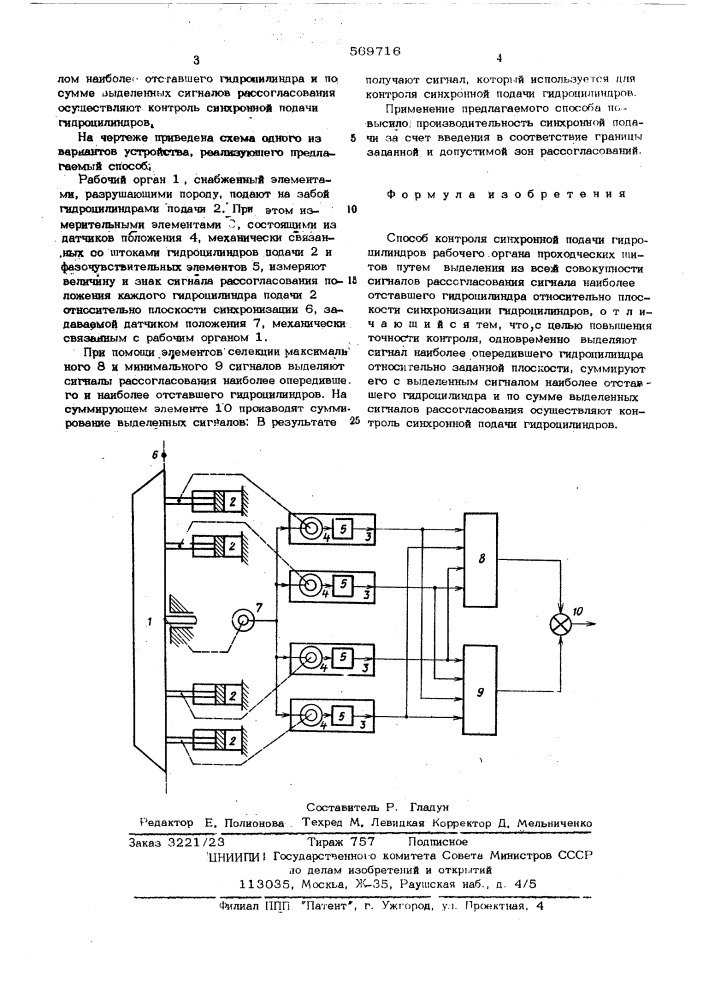 "способ контроля синхронной подачи гидроцилиндров (патент 569716)