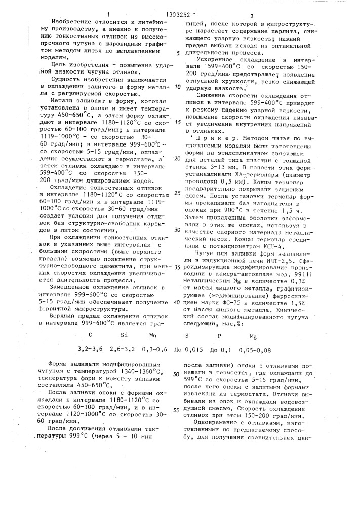 Способ получения тонкостенных отливок из высокопрочного чугуна (патент 1303252)
