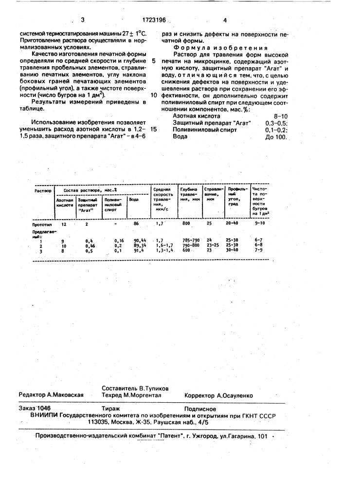 Раствор для травления форм высокой печати на микроцинке (патент 1723196)