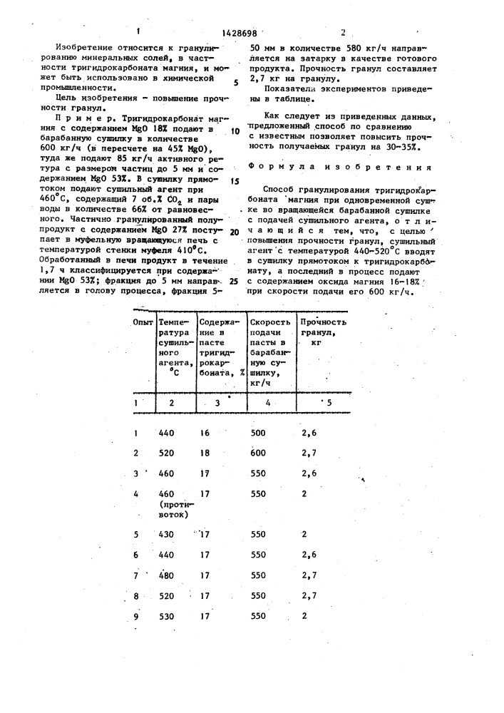 Способ гранулирования тригидрокарбоната магния (патент 1428698)