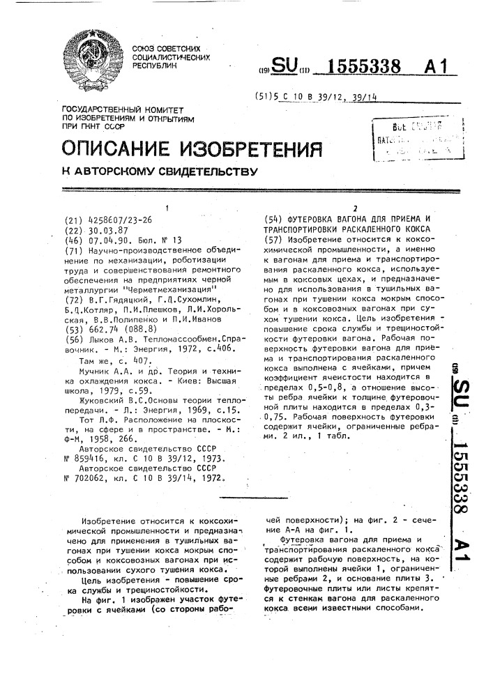 Футеровка вагона для приема и транспортировки раскаленного кокса (патент 1555338)