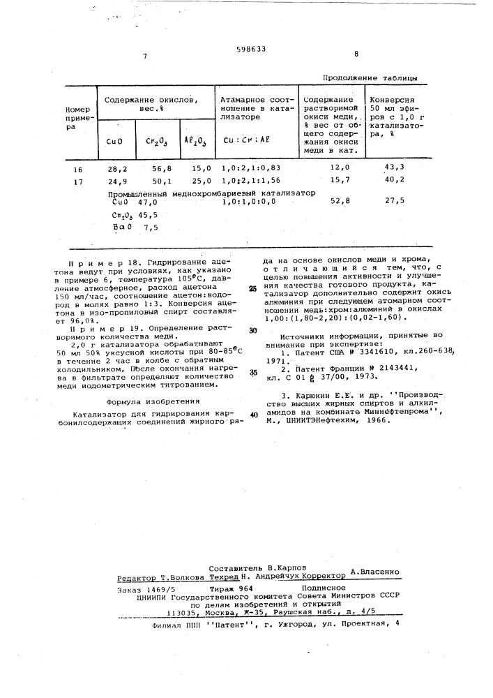 Катализатор для гидрирования карбонилсодержащих соединений жирного ряда (патент 598633)