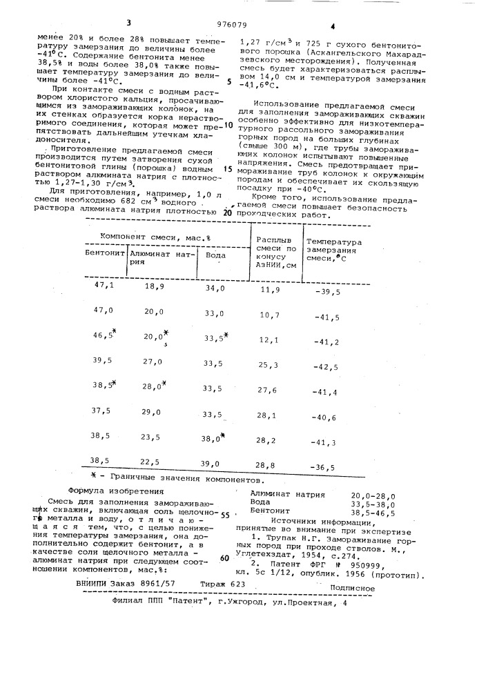 Смесь для заполнения замораживающих скважин (патент 976079)