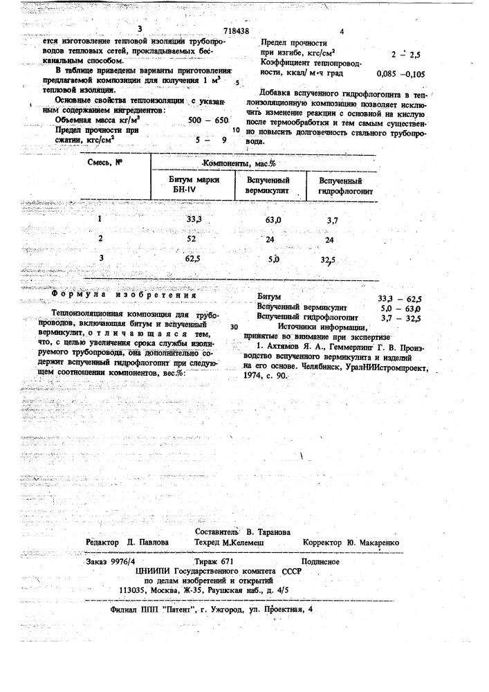 Теплоизоляционная композиция (патент 718438)