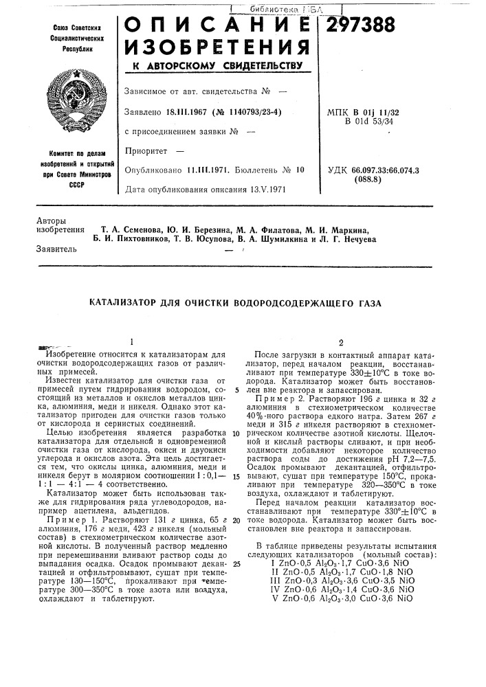 Катализатор для очистки водородсодержащего газа (патент 297388)