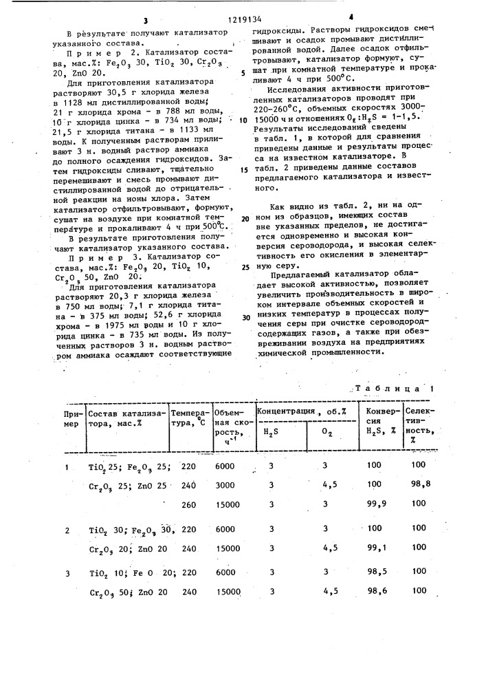 Катализатор для газофазного окисления сероводорода в серу (патент 1219134)