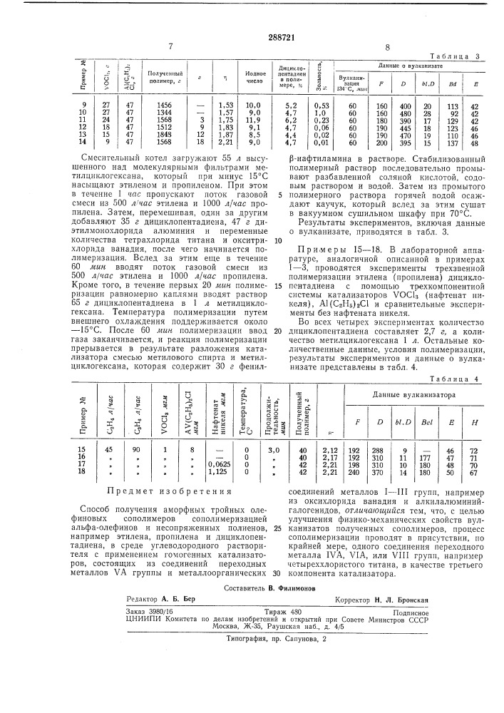 Способ получения аморфных тройных олефиновых сополимеров (патент 288721)