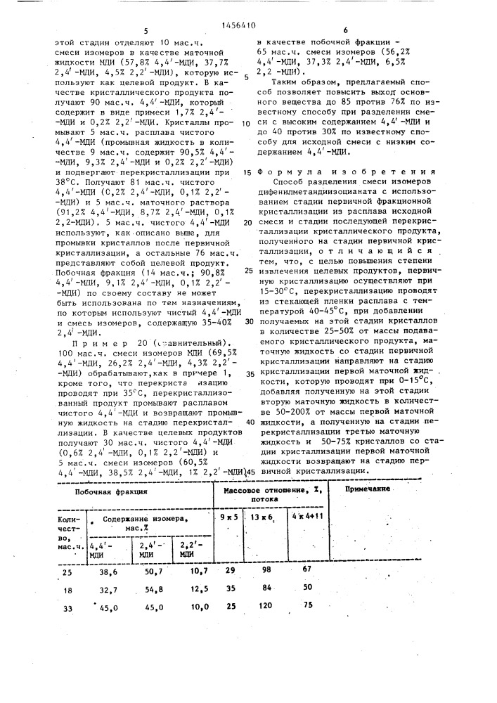 Способ разделения смеси изомеров дифенилметандиизоцианата (патент 1456410)