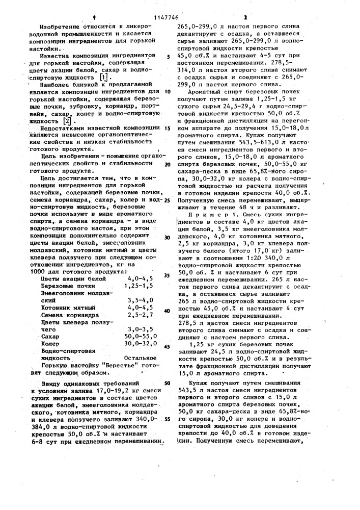 Композиция ингредиентов для горькой настойки "берестье (патент 1147746)