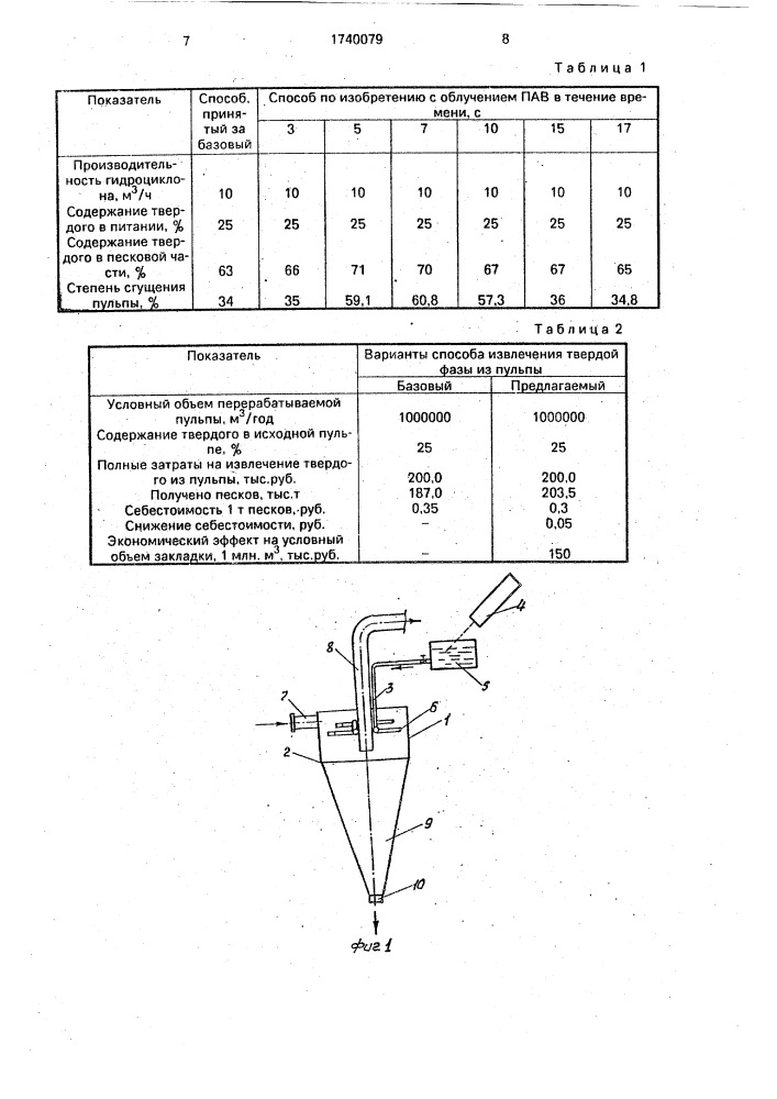 Способ извлечения твердой фазы из пульпы в гидроциклоне и устройство для его осуществления (патент 1740079)