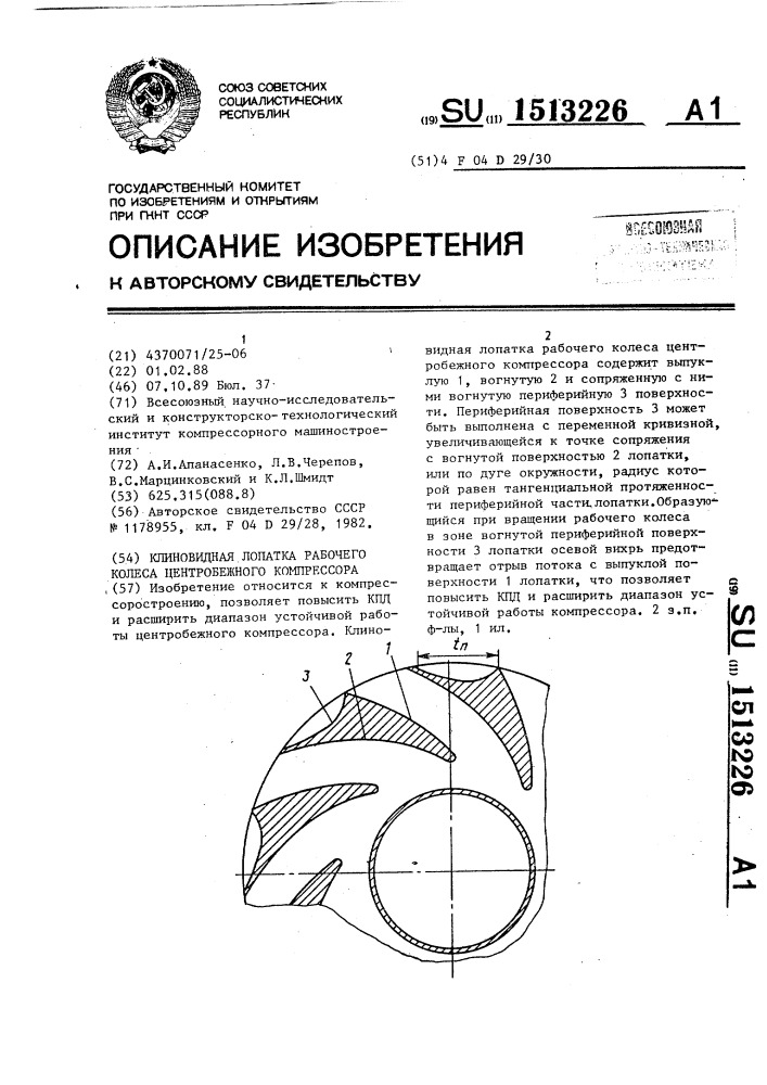 Клиновидная лопатка рабочего колеса центробежного компрессора (патент 1513226)