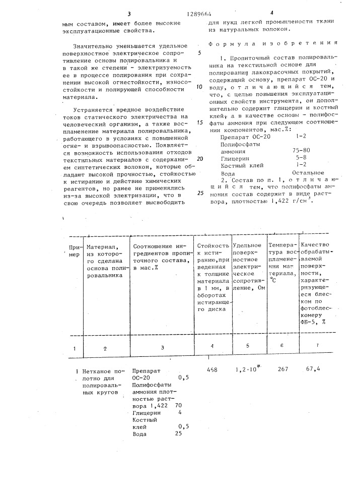 Пропиточный состав полировальника на текстильной основе (патент 1289664)