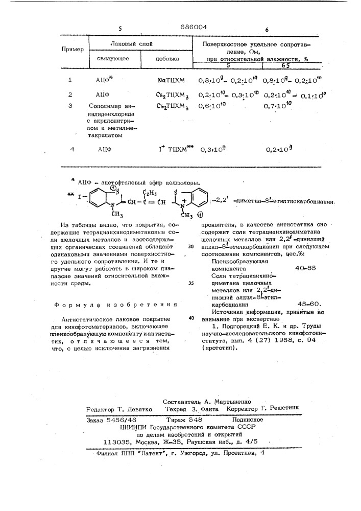 Антистатическое лаковое покрытие для кинофотоматериалов (патент 686004)
