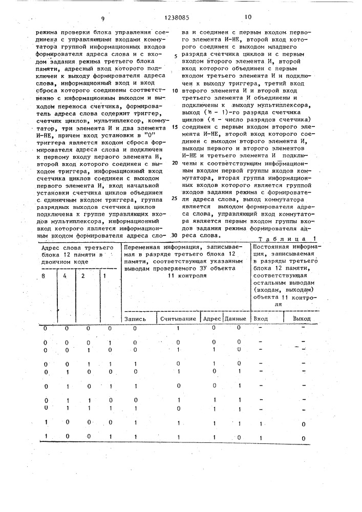 Устройство для контроля цифровых узлов (патент 1238085)