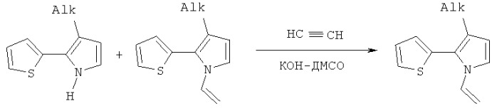 Способ получения 3-алкил-2-(2-тиенил)пирролов и их n-винильных производных (патент 2477725)