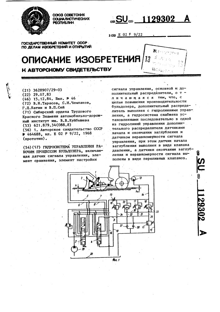 Гидросистема управления рабочим процессом бульдозера (патент 1129302)