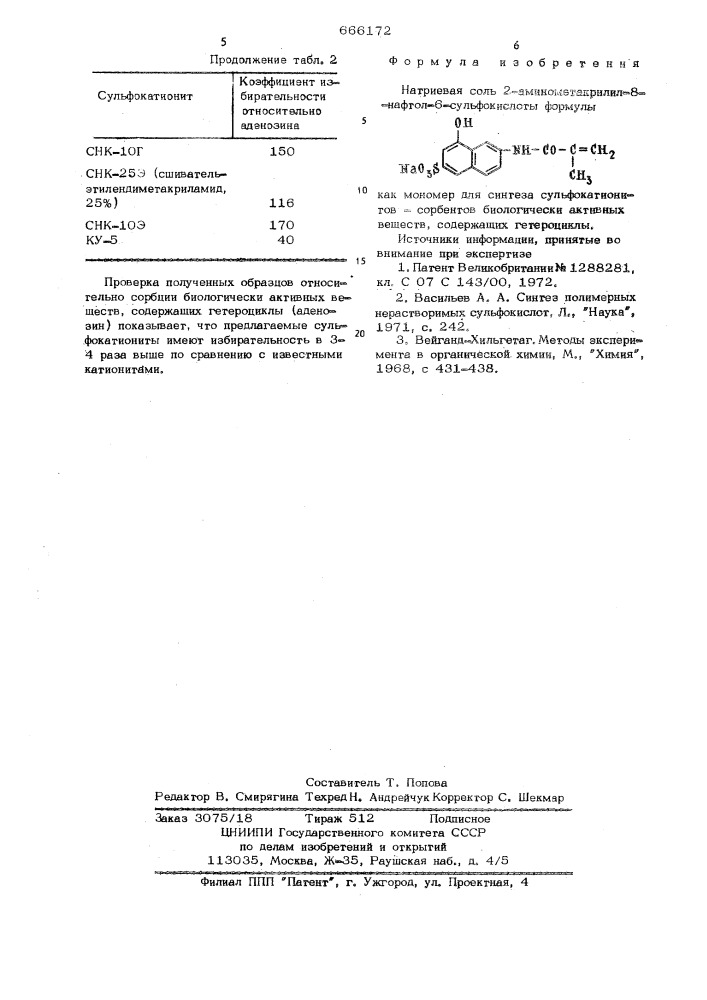 Натриевая соль 2-аминометакрилил -8-нафтол-6-сульфокислоты, как мономер для синтеза сульфокатионитов сорбентов биологически активных веществ (патент 666172)