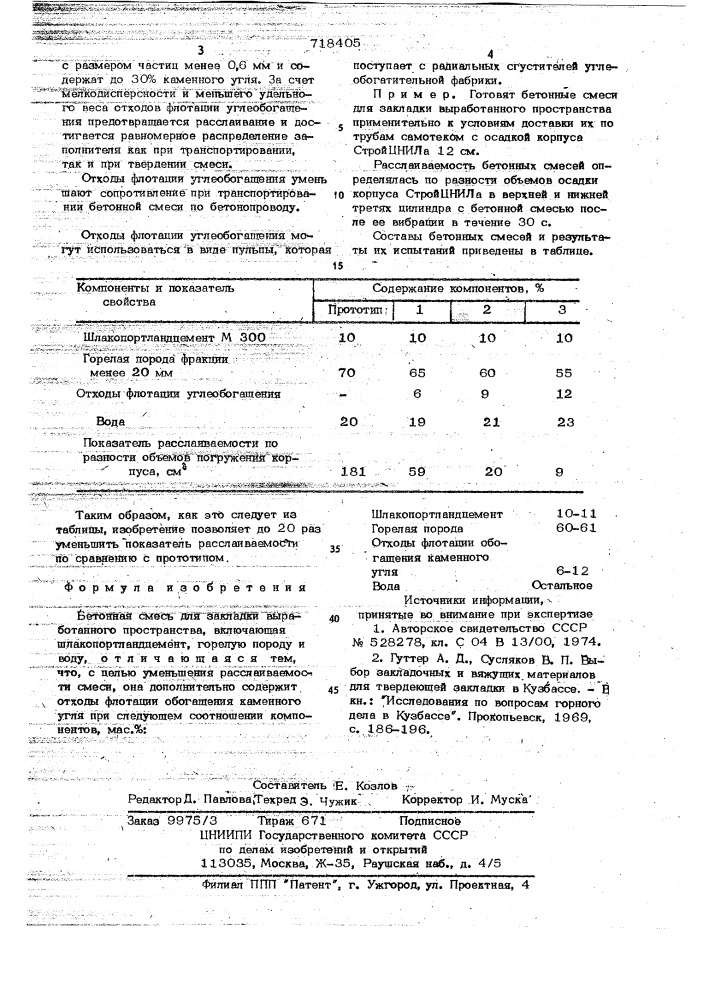 Бетонная смесь для закладки выработанного пространства (патент 718405)