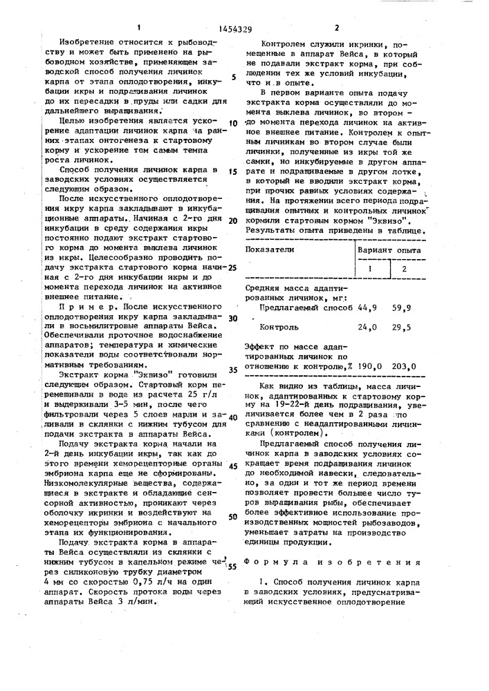 Способ получения личинок карпа в заводских условиях (патент 1454329)