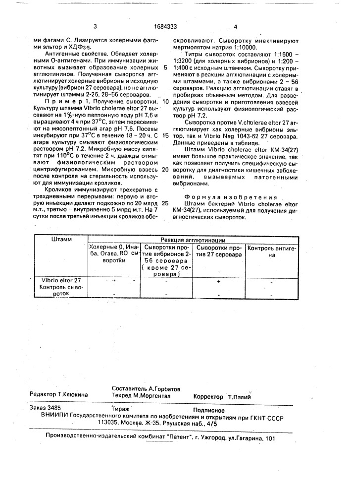 Штамм бактерий viвriо сноlеrае еlтоr, используемый для получения диагностических сывороток (патент 1684333)
