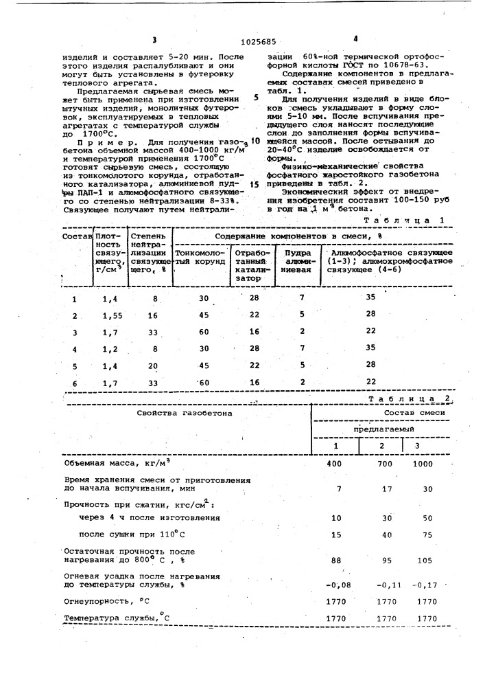 Сырьевая смесь для изготовления жаростойкого газобетона (патент 1025685)