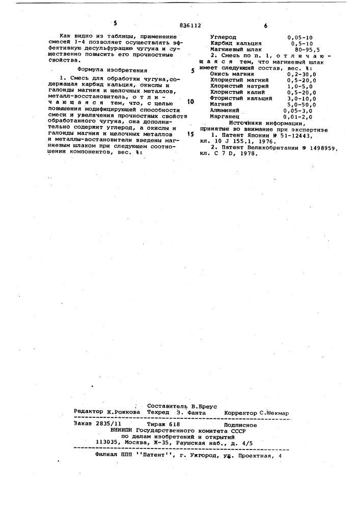 Смесь для обработки чугуна (патент 836112)